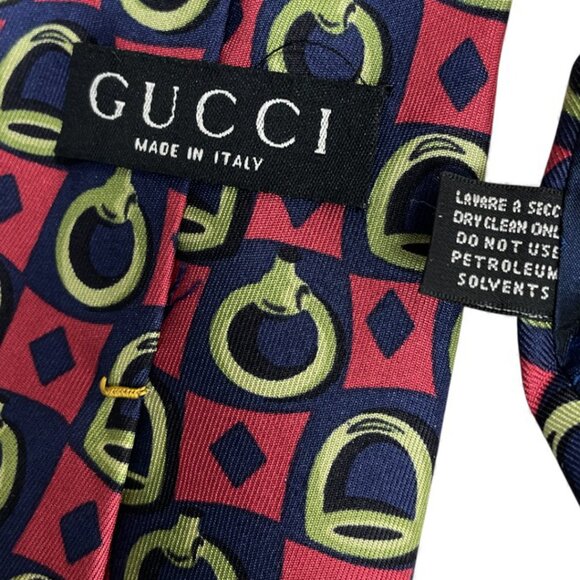 Gucci Silk Tie Italy Made Vintage Horsebit Pink Blue Geometric Horse Equestrian - Picture 7 of 9